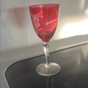 Floral-Etched Pink Glass Goblet